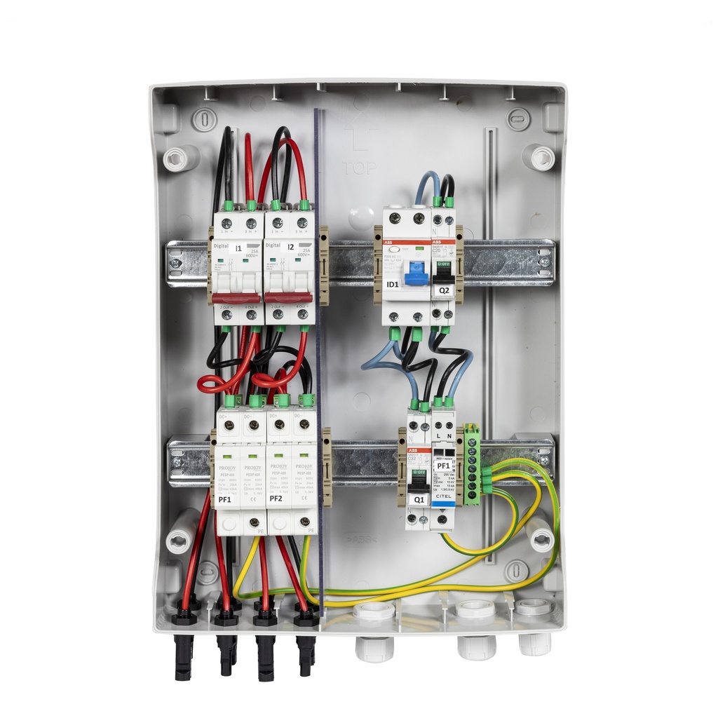 TECHNIDEAL - Coffret de protection AC/DC monophasé 6kWc, Parafoudre AC/DC, 2 MPPT - 32A - 600V (1 string pour chaque MPPT) - 300mA - TYPE B